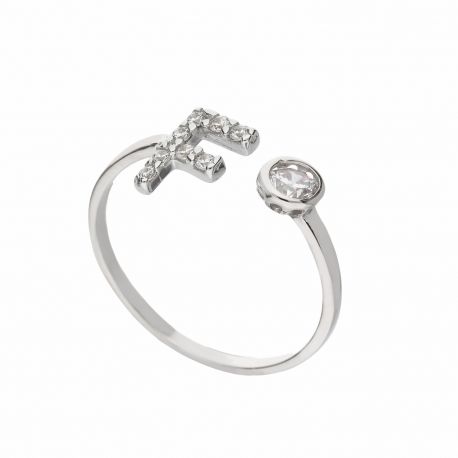 Anillo de Oro Blanco de 18K con Letra F para Mujer