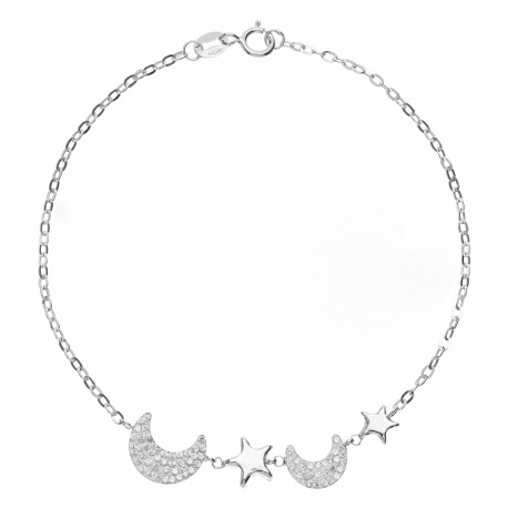 White Gold 18 Kt with White Cubic Zirconia Moon and Stars Woman Bracelet