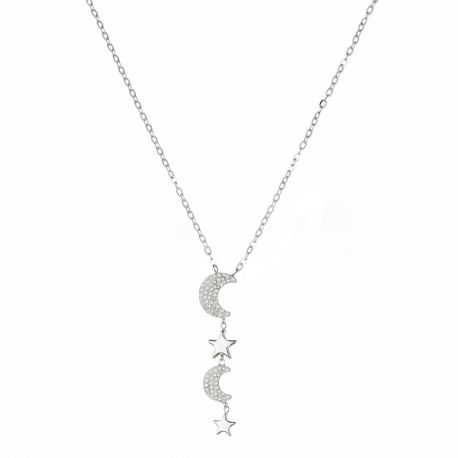 Collana in Oro Bianco 18 Carati con Stelle e Luna di Zirconi Bianchi