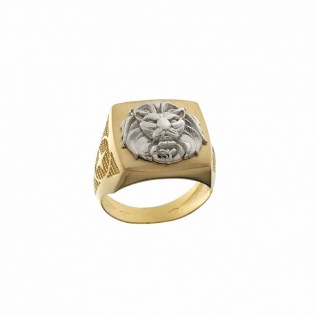 Anello in oro giallo e bianco 18 Kt 750/1000 forma quadrata con leone