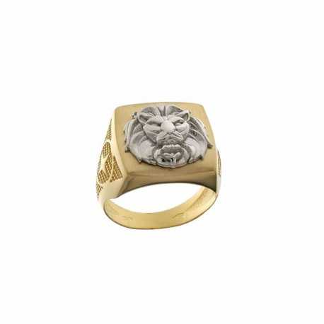 Inel din aur galben și alb de 18 Kt 750/1000, formă pătrată cu leu
