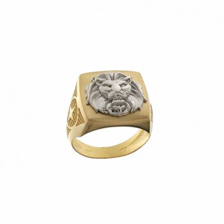 Ring i 18 Kt 750/1000 gul- og hvidguld, firkantet form med løve
