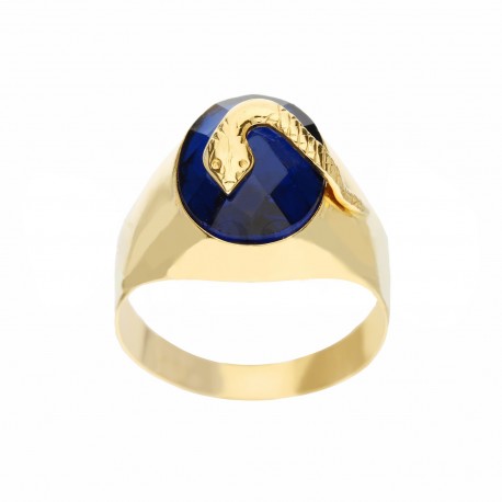 18k Yellow Gold with Snake and Blue Stone Men Ring