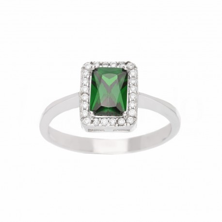 Damski pierścionek z 18-karatowego białego złota z zielonym kamieniem i białymi cyrkoniami