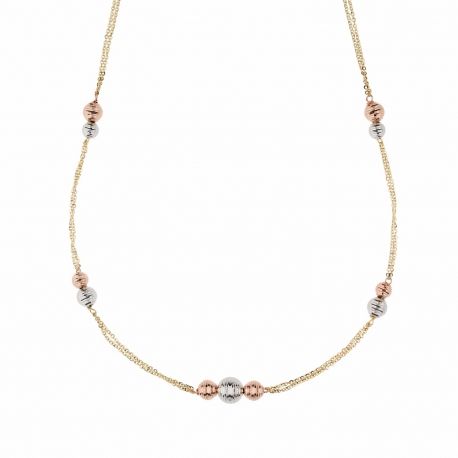Collana in Oro Giallo Bianco e Rosa 18 Carati con Sfere Diamantate da Donna
