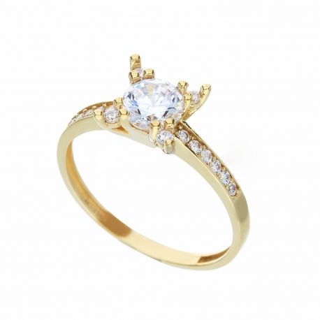 Bague solitaire en or jaune 18 carats avec zircons blancs