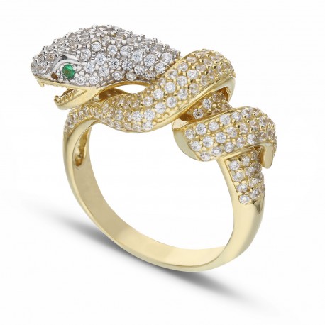 Gyvatės žiedas iš 18K balto ir geltono aukso su baltais ir žaliais cirkoniais moterims