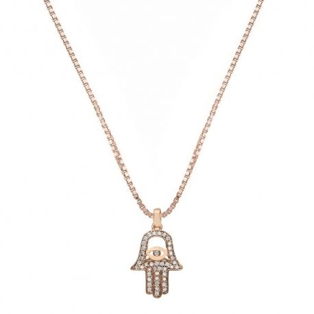 Collier en or rose 18 carats avec main de Fatima et zircons blancs pour femme