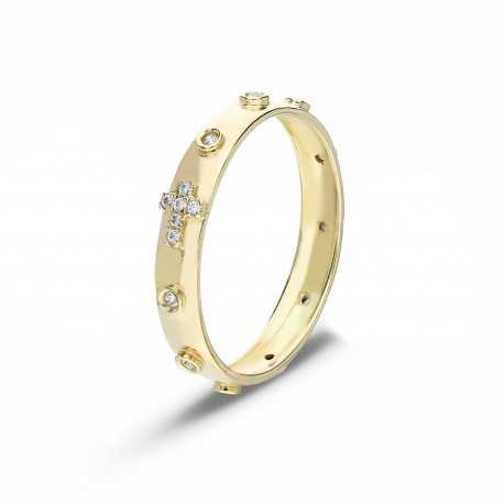 Δαχτυλίδι ροζάριο 18 καρατίων από κίτρινο χρυσό με γυαλισμένα λευκά ζιργκόν για γυναίκες