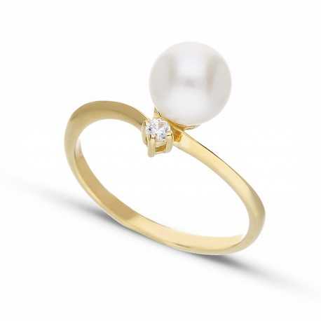 Дамски пръстен с перли и циркони от 18K злато