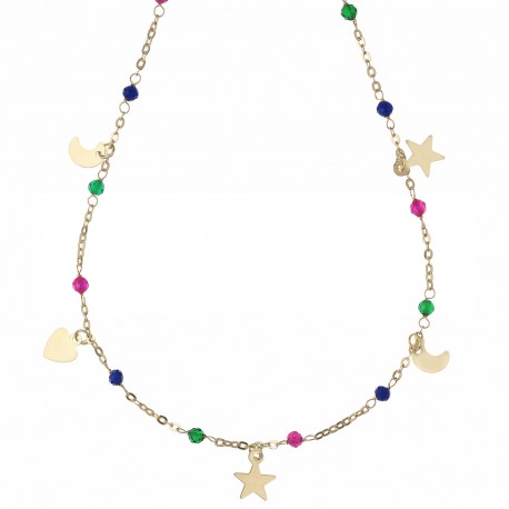 Collar Corazón Estrella y Luna con Espinelas de colores en Oro Amarillo de 18K