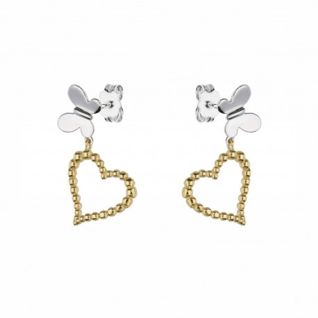 Boucles d'oreilles pendantes cœur en or jaune et or blanc 18 carats