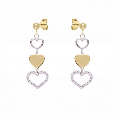 Boucles d'oreilles pendantes cœur en or blanc et jaune 18 carats