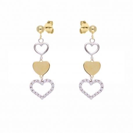 Boucles d'oreilles pendantes cœur en or blanc et jaune 18 carats