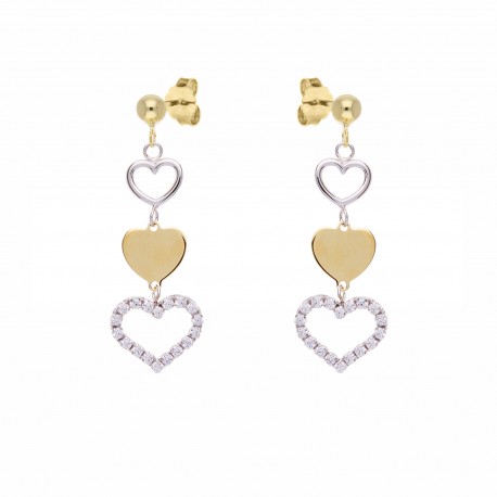 White and Yellow Gold 18k Dangling Heart-shaped Earrings