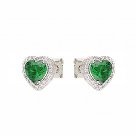 Серьги-сердечки с зелеными камнями и белыми цирконами из белого золота 18 карат