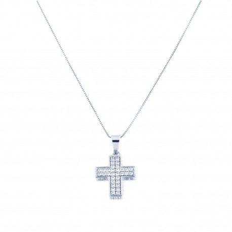 Collier croix arrondie avec zircons blancs en or blanc 18 carats