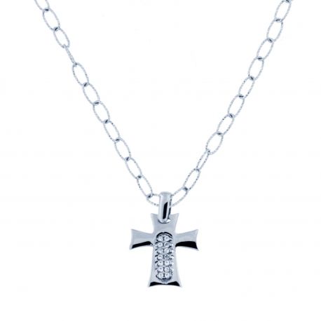 Colar Cruz com Zircões Brancos em Ouro Branco 18K