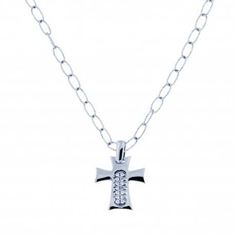 Krížový náhrdelník s bielymi zirkónmi z 18K bieleho zlata
