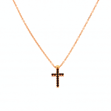 Collier croix double face avec zircons blancs et noirs en or rose 18 carats