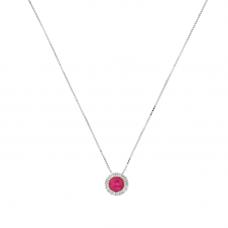 Women 18K White Gold with Red Ruby and Diamonds Necklace