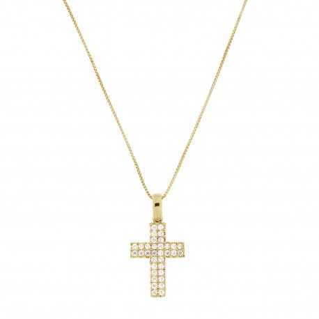 Křížový náhrdelník s bílými zirkony v 18K žlutém zlatě