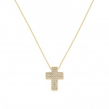 Огрлица са заобљеним крстом са белим цирконима од 18-каратног жутог злата