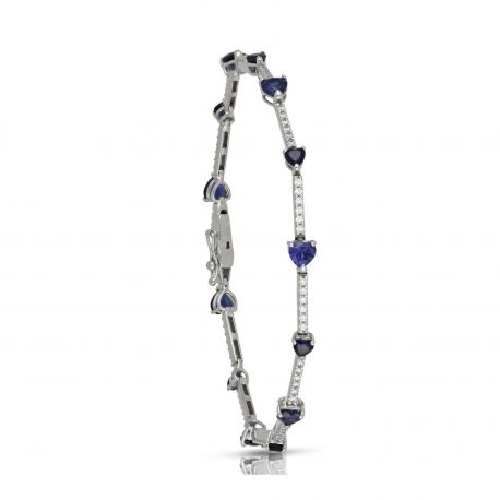 Bracelet tennis en or blanc 18 ct avec zircons en forme de coeur blancs et bleus pour femme
