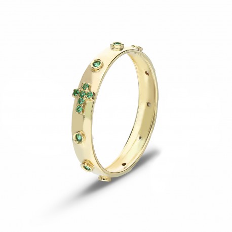 Δαχτυλίδι ροζάριο από κίτρινο χρυσό 18 καρατίων με πράσινα ζιργκόν για γυναίκες