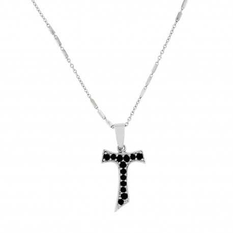 Ожерелье из белого золота 18 карат с крестом из черного циркона