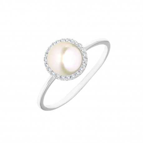 Inel din aur alb de 18K cu perle și zirconi