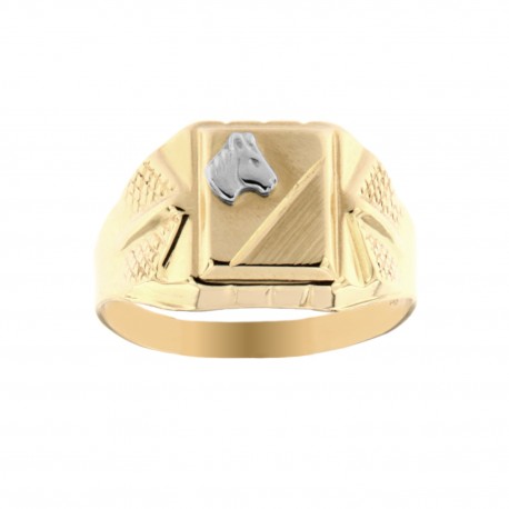 Мушки прстен од жутог злата од 18 к са рељефном коњском главом
