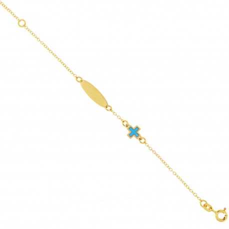 Bracelet en or jaune 18 carats avec croix turquoise pour enfant
