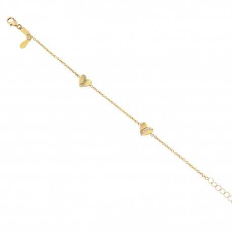 18K Yellow Gold Bracelet with Small Hearts and White Zircons