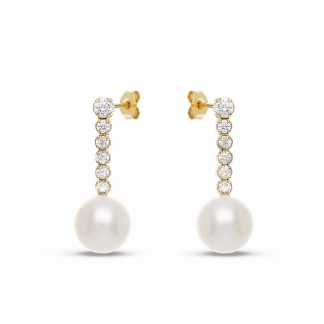 Tenisové náušnice z 18K žltého zlata s perlou a bielymi zirkónmi