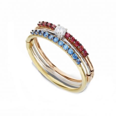 Anello a Ventaglio In Oro Bianco, Giallo e Rosa 18k con Solitario Centrale