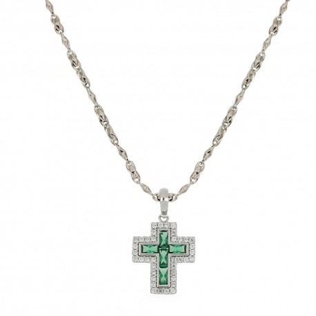 collana croix in oro bianco 18 Kt 750/1000 con pietre verdi e bianche