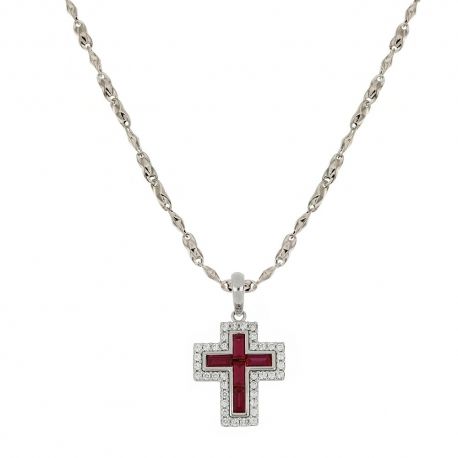 Náhrdelník Croix z bílého zlata 18K 750/1000 s červenými a bílými kameny