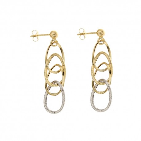 Yellow and white gold 18k 750/1000 shiny and hammered dangling earrings