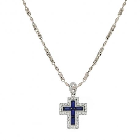 Collier Croix en Or blanc 18 Kt 750/1000 avec pierres bleues et blanches