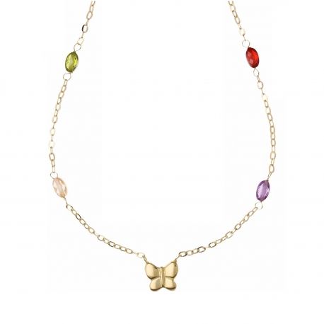 18K geelgouden vlinderketting met gekleurde stenen