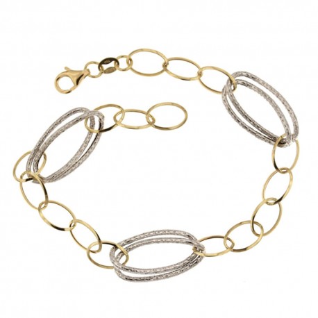 Bracelet en or jaune et blanc 18 Kt 750/1000 avec chaîne creuse, finition polie et martelée