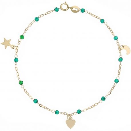 Pulseira pingentes coração, lua e estrelas ouro amarelo 18k com verde Spinelli
