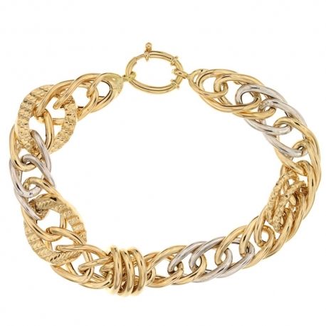 Armband in 18 Kt 750/1000 wit- en geelgoud met afwisselende holle ketting, gepolijste afwerking
