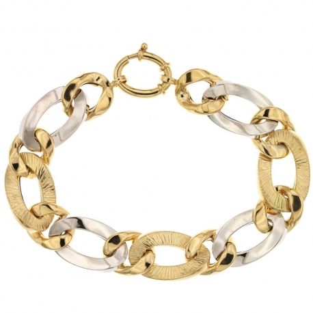 Armband in 18 Kt 750/1000 wit- en geelgoud met afwisselend gepolijste en gehamerde holle ketting