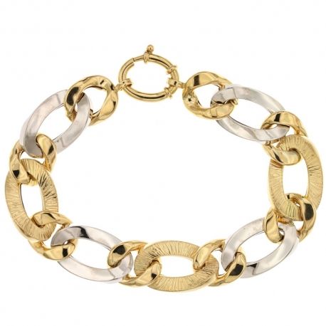 Bracelet en or blanc et jaune 18 Kt 750/1000 avec chaîne creuse alternée polie et martelée