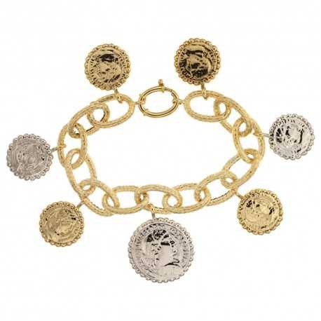 Damska bransoletka z białego i żółtego złota 18K 750/1000 z zawieszkami w kształcie monet