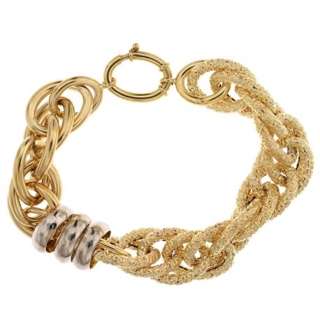 Pulsera en oro blanco y amarillo de 18 Kt 750/1000 con cadena hueca, acabado pulido y martillado.