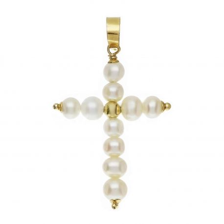 Pingente de cruz em ouro amarelo 18k com pérolas