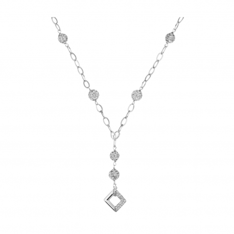 Ruitvormige ketting met halve pavé en witte zirkonen in 18 karaat witgoud